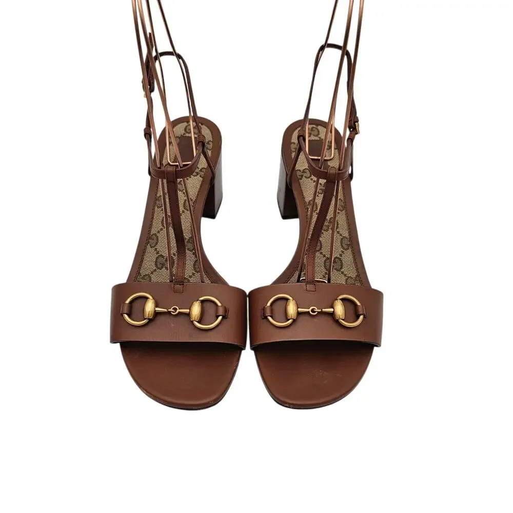 Gucci GG Brown Leather Horsebit T Strap Block Heel Sandal Gold Size 40 US 10